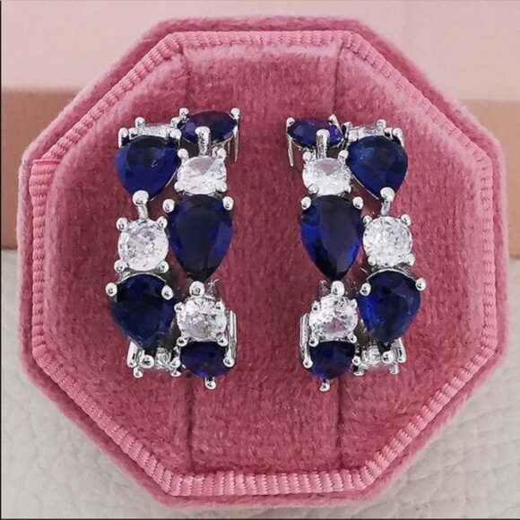 NEW BLUE 925 STERLING SILVER DIAMOND EARRINGS, NICE EARRINGS, CUTE EARRINGS - Picture 3 of 3
